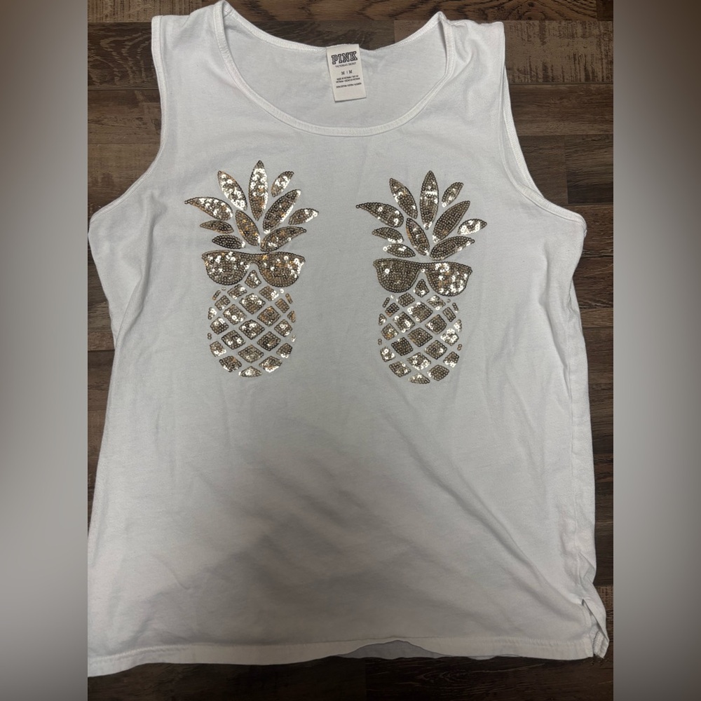 PINK Victoria's Secret White Sequin Pineapple Tank Top